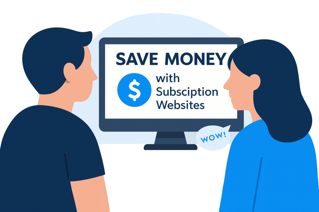 Flat illustration of two people looking at a computer screen showing an online store sale, symbolizing a monthly website that helps small businesses sell more.